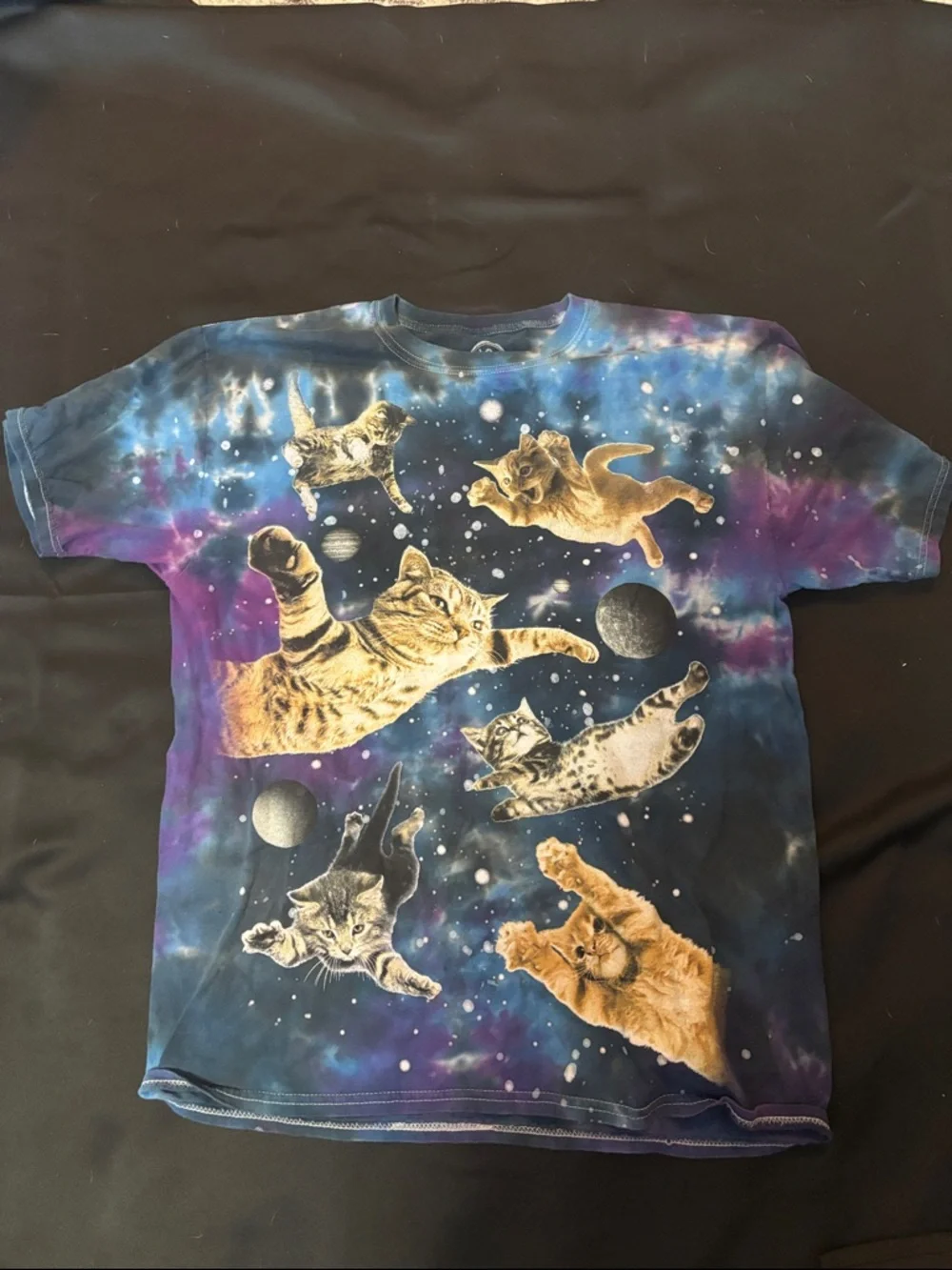Blue Galaxy Cat Print Pet Tee - Floating Cats Design